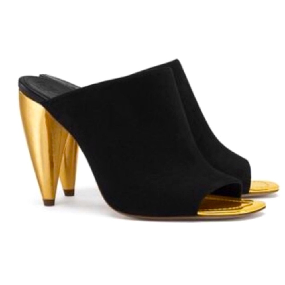 *BRAND NEW* Tory Burch Black Suede Mule ELLIS Metallic Gold Slide Heel Open Toe